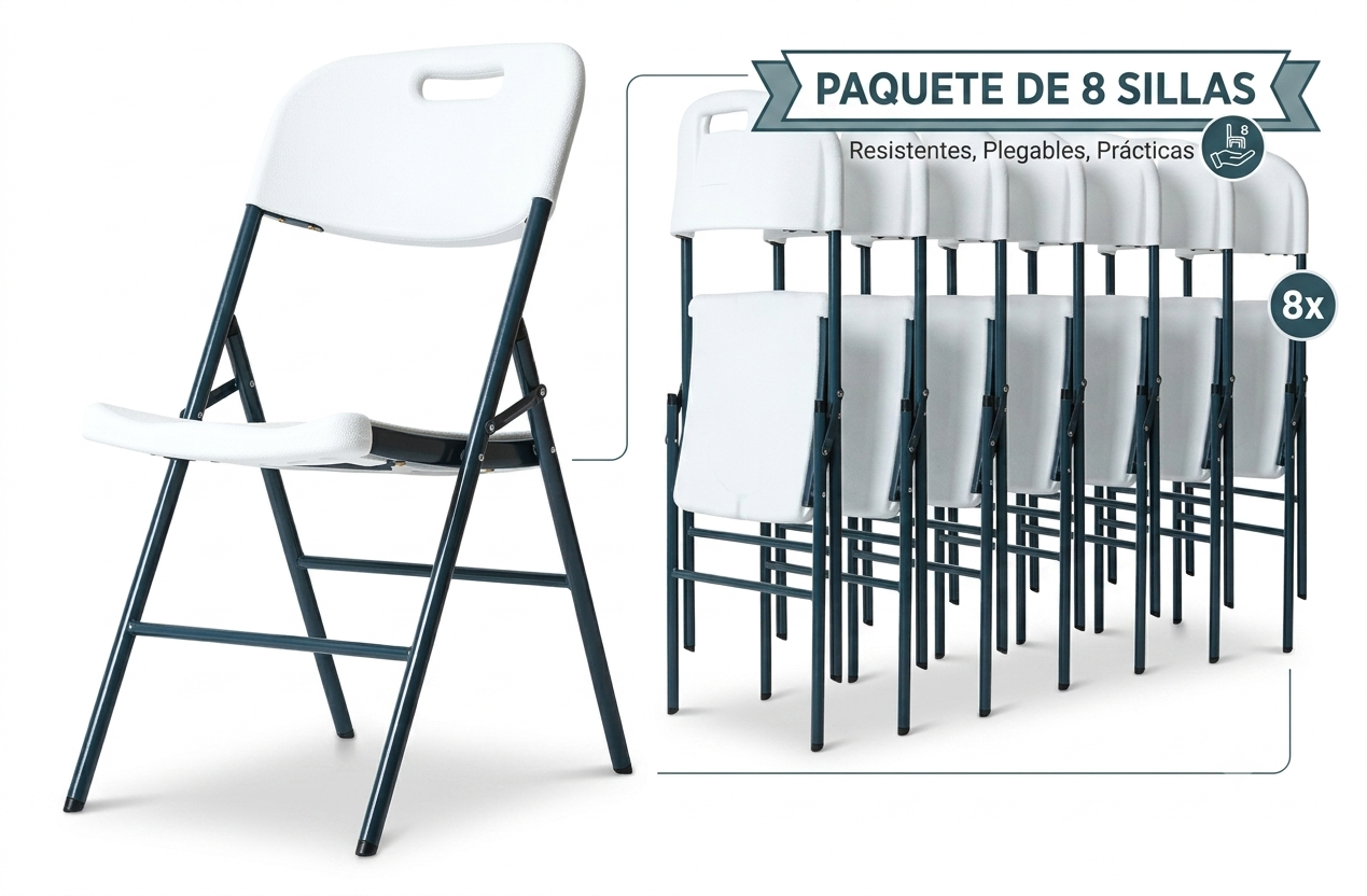 Paquete 8 Sillas eventos/fiesta Plegables Blancas